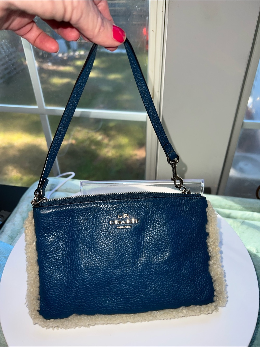 Coach Blue Pebbled Leather Wristlet with Cream Shearling Trim - Picture 10 of 10
